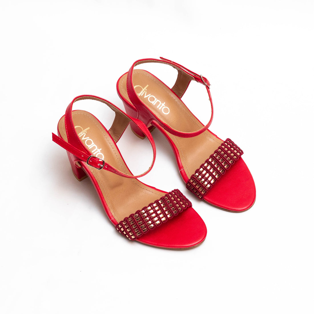 Divanto Red Embellished Open-Toe Block Heels