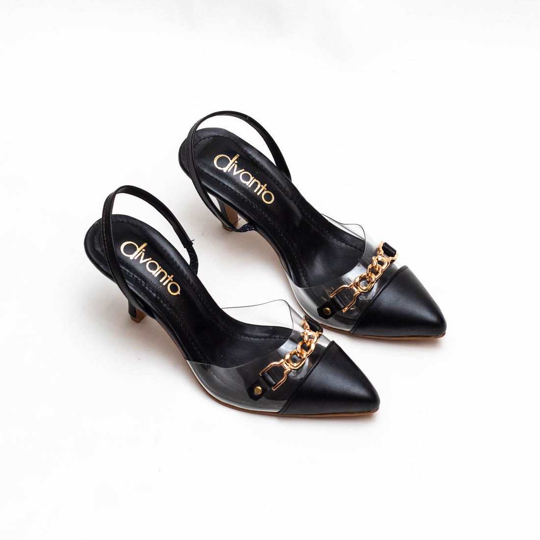 Divanto Black Pointed-Toe Slingback Heels with Gold Chain Detail