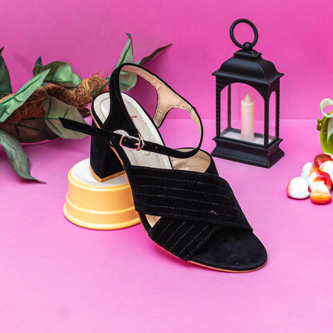 Elegant Black Suede Block Heel Sandals by Divanto